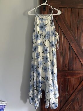 Lulu's White Dress with Blue Floral High-Low Hem